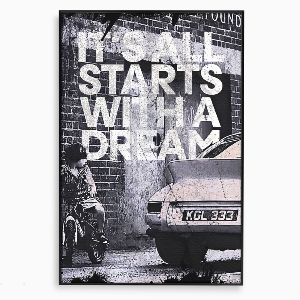 Tablou canvas cu tablou motivational alb-negru cu text si masina, in rama de aluminiu negru
